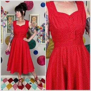 Vintage 1980s Red Heart Print Sweetheart Fit and Flare Midi Dress